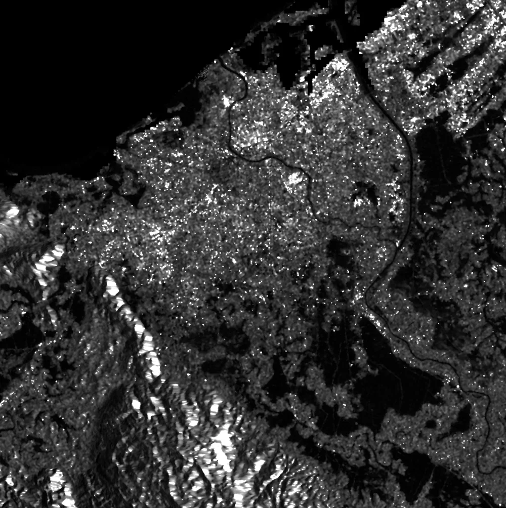 Sentinel-1A VV backscatter of Banda Aceh, 26 November 2025, flood visible as dark patches